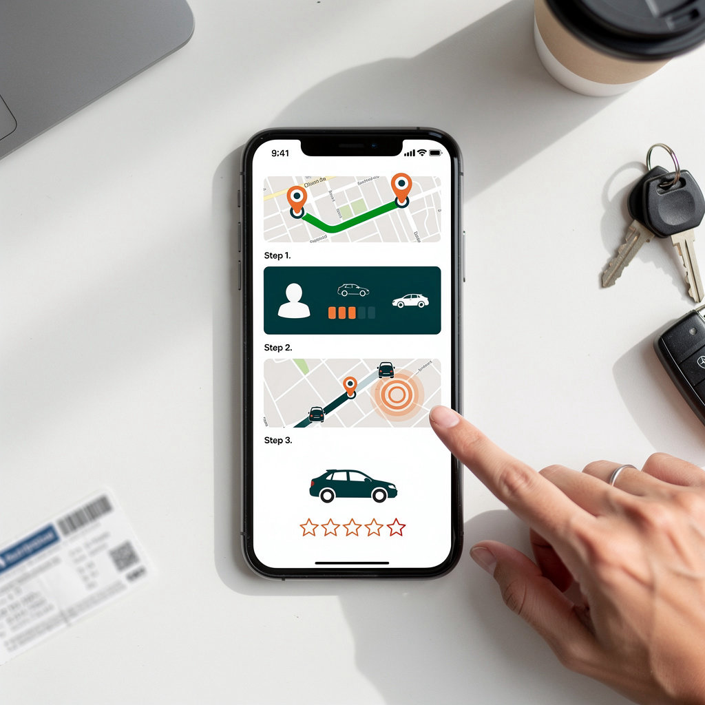Chipa Ride app showing step-by-step booking process for safe, transparent ride-hailing in Kisumu