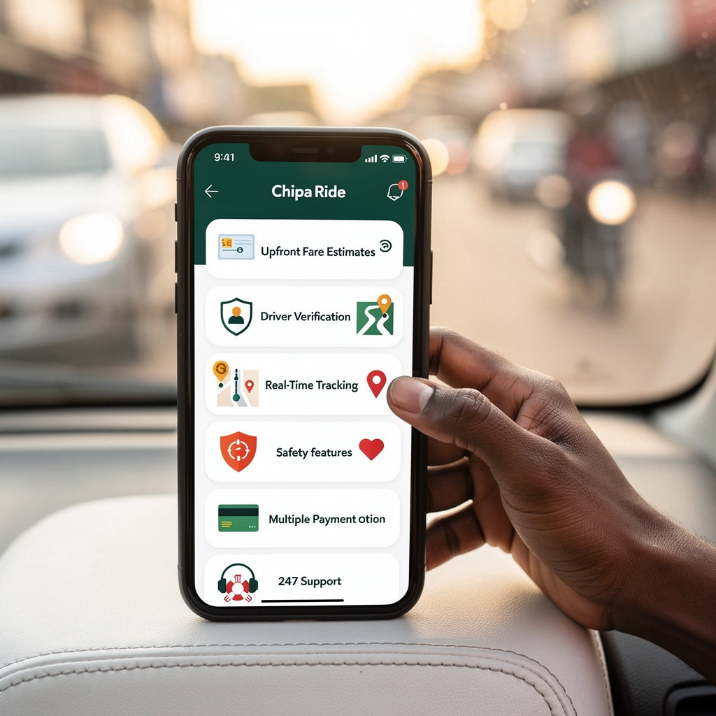 Chipa Ride rider features showcase - safe, transparent, and convenient mobile ride-hailing
